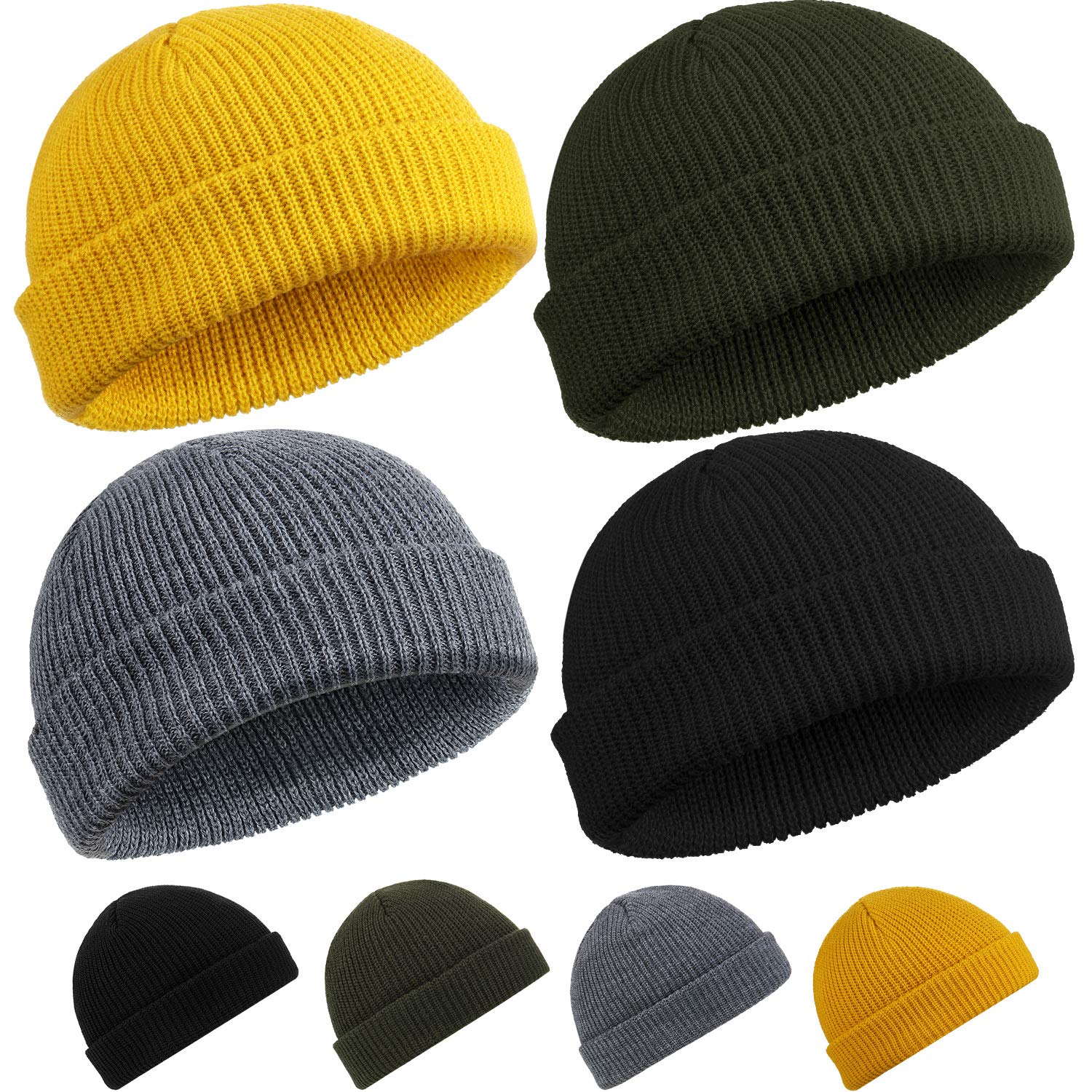 SATINIOR 4 Pieces Trawler Beanie Watch Hat Roll up Edge Skullcap Fisherman Beanie Unisex (Black, Army Green, Dark Gray, Yellow)