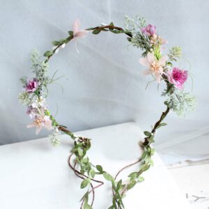 LLinfflr Vine Flower Crown Boho Flower Headband Hair Wreath Floral Halo Headpiece with Ribbon Wedding Party Photos Rosy