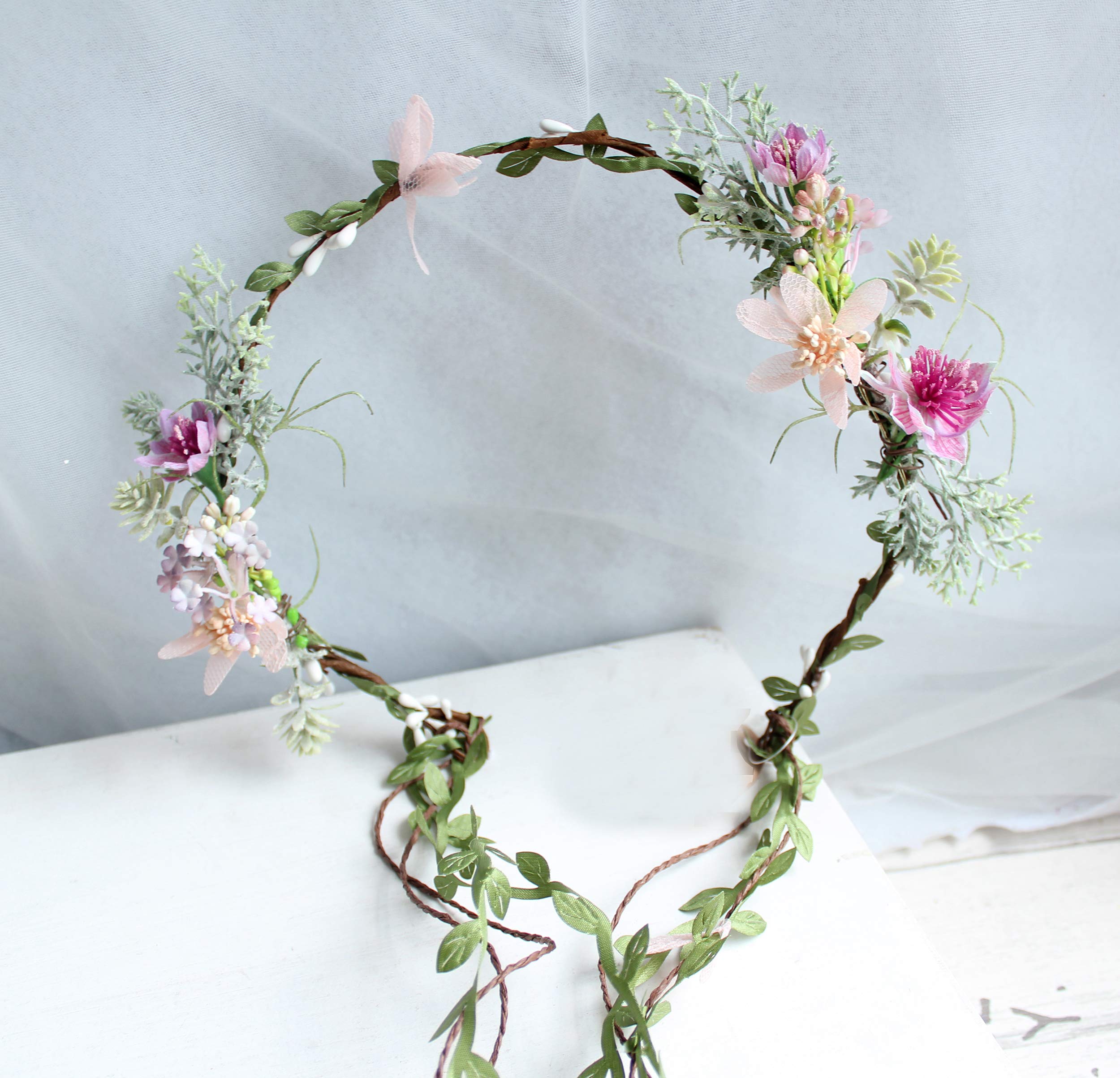 LLinfflr Vine Flower Crown Boho Flower Headband Hair Wreath Floral Halo Headpiece with Ribbon Wedding Party Photos Rosy