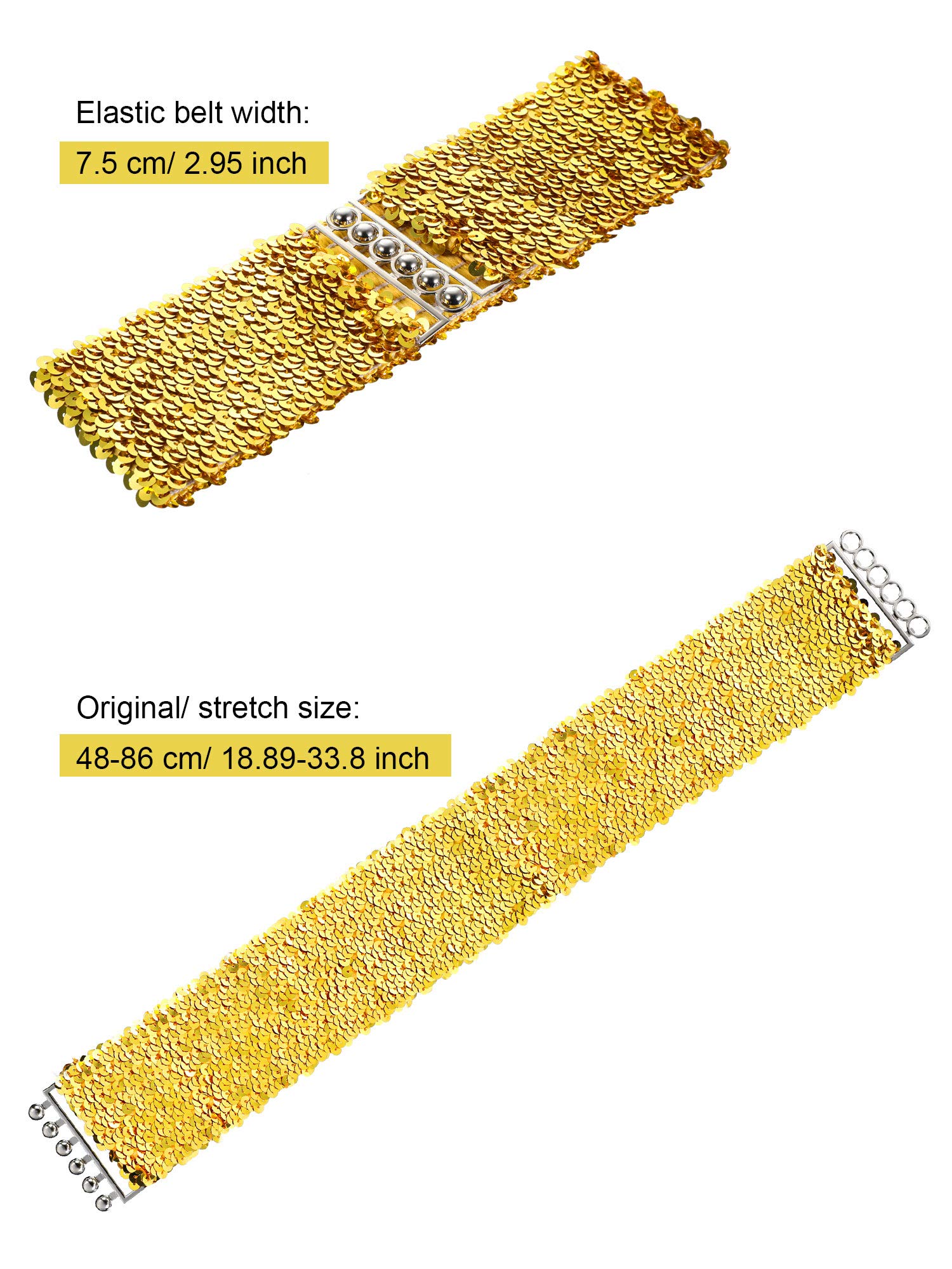 3 Pieces Sequin Belt for 70s 80s Costume Party, Disco Party Costume Wide Waist Elastic Cinch Belt Cheerleader Stretchy Belt for Women Girl Metal Buckle Glitter (Gold Silver Black)