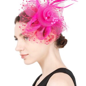 Fascinators Hat Flower Cocktail Lace Mesh Feathers Headband Clip for Women Tea Party Wedding Vintage Derby Hats-Hot Pink-01