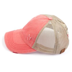 C.C Exclusives Washed Distressed Cotton Denim Criss-Cross Ponytail Hat Baseball Cap Bundle Hair Tie (BT-780)(BT-791) (A Elastic Band-Coral)