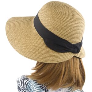 womens sun straw hat wide brim uv protection summer hat foldable roll up floppy beach hats with bowknot brown