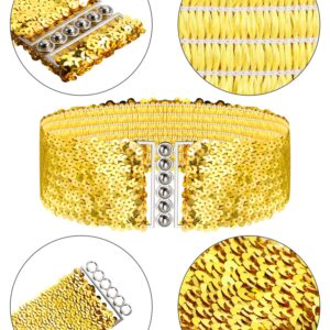 3 Pieces Sequin Belt for 70s 80s Costume Party, Disco Party Costume Wide Waist Elastic Cinch Belt Cheerleader Stretchy Belt for Women Girl Metal Buckle Glitter (Gold Silver Black)