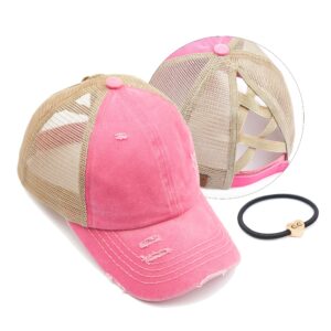 c.c exclusives washed distressed cotton denim criss-cross ponytail hat baseball cap bundle hair tie (bt-780)(bt-791) (a elastic band-pink)