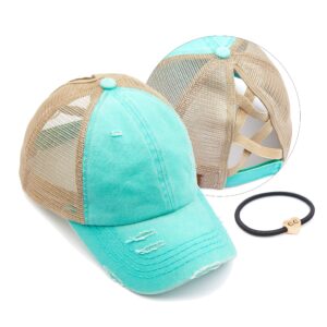 c.c exclusives washed distressed cotton denim criss-cross ponytail hat baseball cap bundle hair tie (bt-780)(bt-791) (a elastic band-mint)