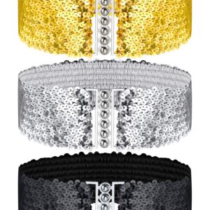 3 Pieces Sequin Belt for 70s 80s Costume Party, Disco Party Costume Wide Waist Elastic Cinch Belt Cheerleader Stretchy Belt for Women Girl Metal Buckle Glitter (Gold Silver Black)