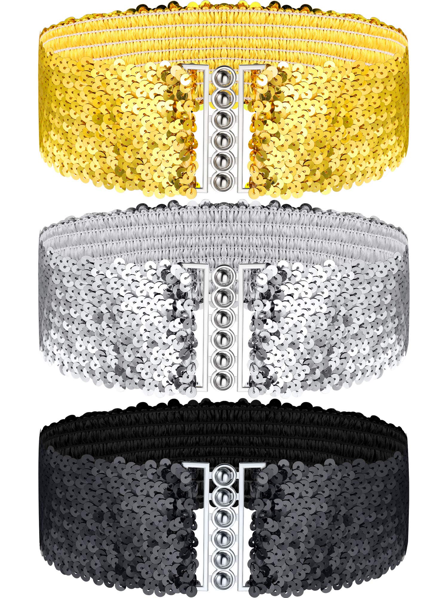 3 Pieces Sequin Belt for 70s 80s Costume Party, Disco Party Costume Wide Waist Elastic Cinch Belt Cheerleader Stretchy Belt for Women Girl Metal Buckle Glitter (Gold Silver Black)