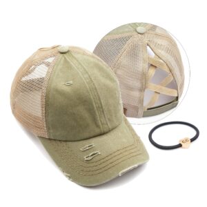 C.C Exclusives Washed Distressed Cotton Denim Criss-Cross Ponytail Hat Baseball Cap Bundle Hair Tie (BT-780)(BT-791) (A Elastic Band-Olive)