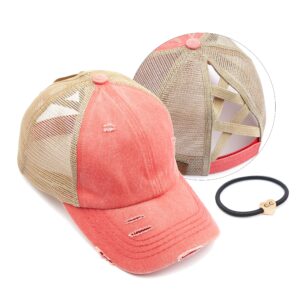 c.c exclusives washed distressed cotton denim criss-cross ponytail hat baseball cap bundle hair tie (bt-780)(bt-791) (a elastic band-coral)