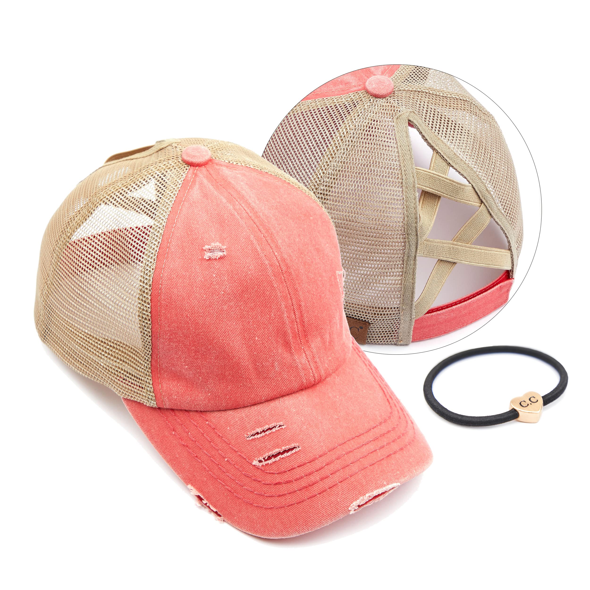 C.C Exclusives Washed Distressed Cotton Denim Criss-Cross Ponytail Hat Baseball Cap Bundle Hair Tie (BT-780)(BT-791) (A Elastic Band-Coral)