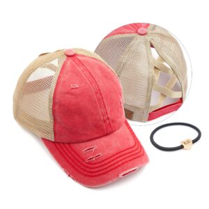 c.c exclusives washed distressed cotton denim criss-cross ponytail hat baseball cap bundle hair tie (bt-780)(bt-791) (a elastic band-red)