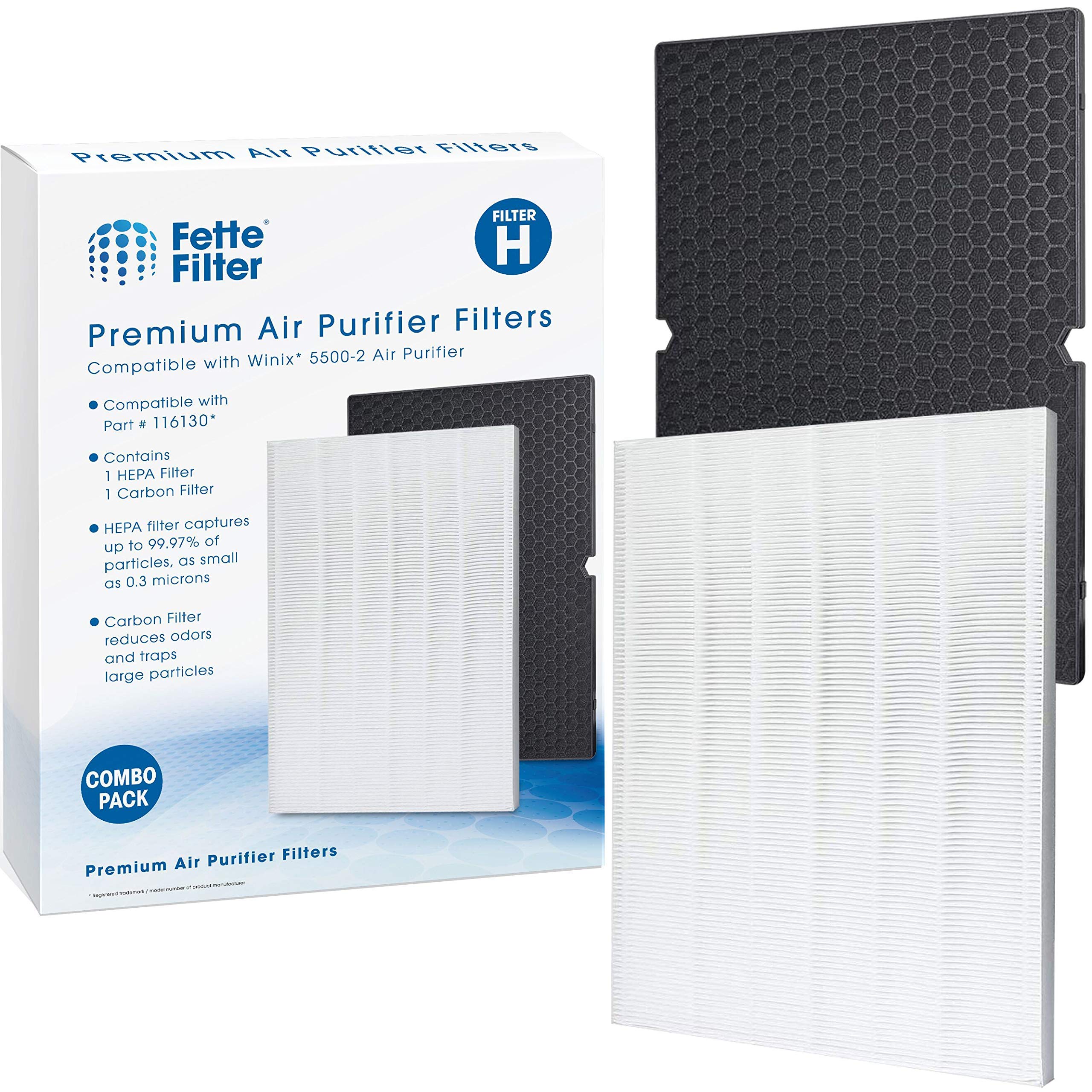 Fette Filter - Premium True HEPA Replacement Filter Compatible with Winix 116130 Filter H for Winix Air Purifier Model # 5500-2 & AM80 (1 HEPA Filter + 1 Carbon Filter)