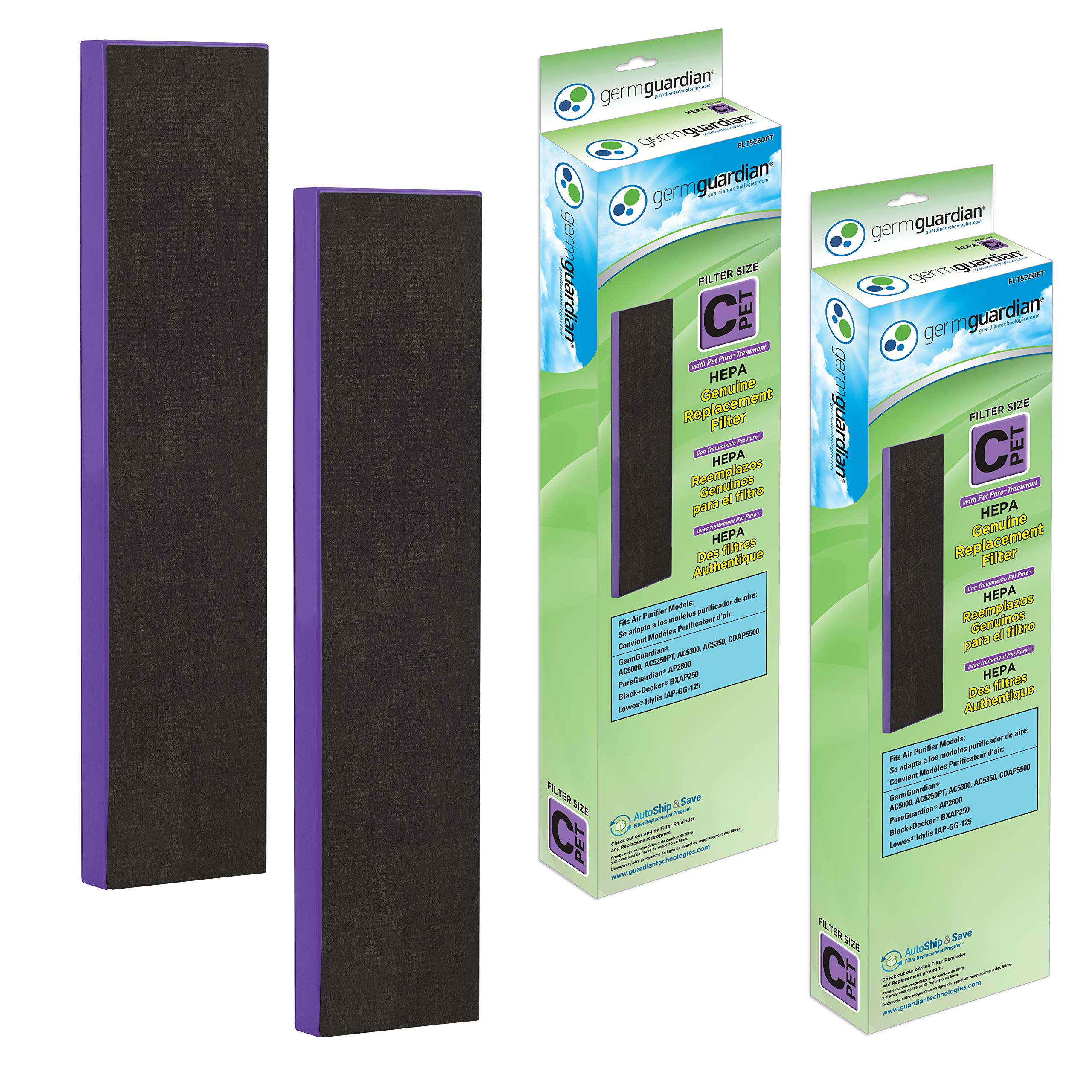 GermGuardian Filter C Pet Pure HEPA Genuine Air Purifier Replacement Filter, Removes 99.97% of Pollutants, for AC5000, AC5250, AC5300, AC5350, CDAP5500, AP2800, 2-Pack, Black/Purple, FLT5250PT2PK