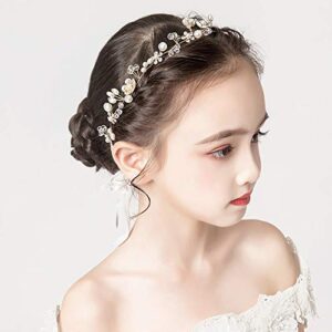 PRDGIRL 𝗪𝗲𝗱𝗱𝗶𝗻𝗴 𝗛𝗮𝗶𝗿 𝗔𝗰𝗰𝗲𝘀𝘀𝗼𝗿𝗶𝗲𝘀 𝗳𝗼𝗿 𝗞𝗶𝗱𝘀, Princess Headpiece White Flower Headband Pearl Hair Dress for Girl and Flower Girls Cute Bridal Wedding Hair Band