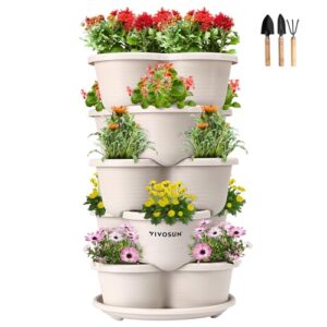 vivosun 5 tier vertical gardening stackable planter for strawberries, flowers, herbs, vegetables, ivory