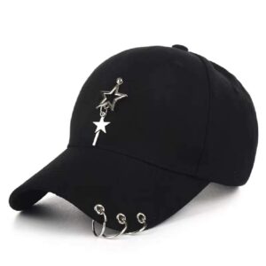 Unisex Black Fitted Cap, K-pop Cap, Baseball Cap with Ring Chain, Metallic Cap, Unique Cap, Cap with Star