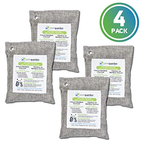 PureGuardian CB200 Bamboo Charcoal Air Purifying Bag, Eco-Friendly, Naturally Absorbs Odors, Excess Moisture and Pollutants, 200g, 4-Pack, Gray