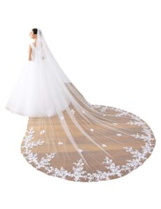 elawbty 1 tier floral lace wedding bridal veil for bride 3m ivory cathedral length