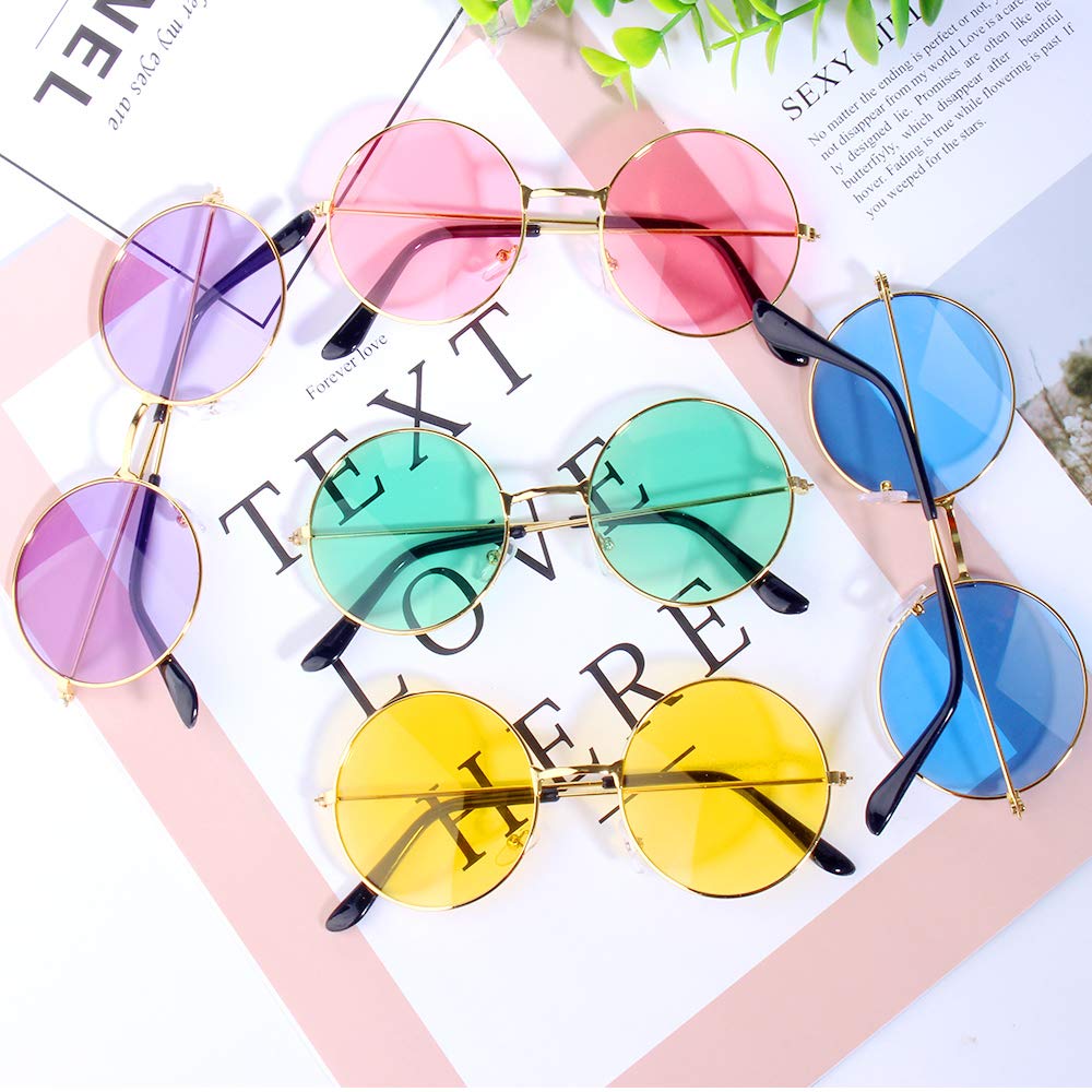 ONESING 8 Pairs Round Hippie Sunglasses Circle Sunglasses for Women John 60 's Style Circle Colored Glasses Disco Party