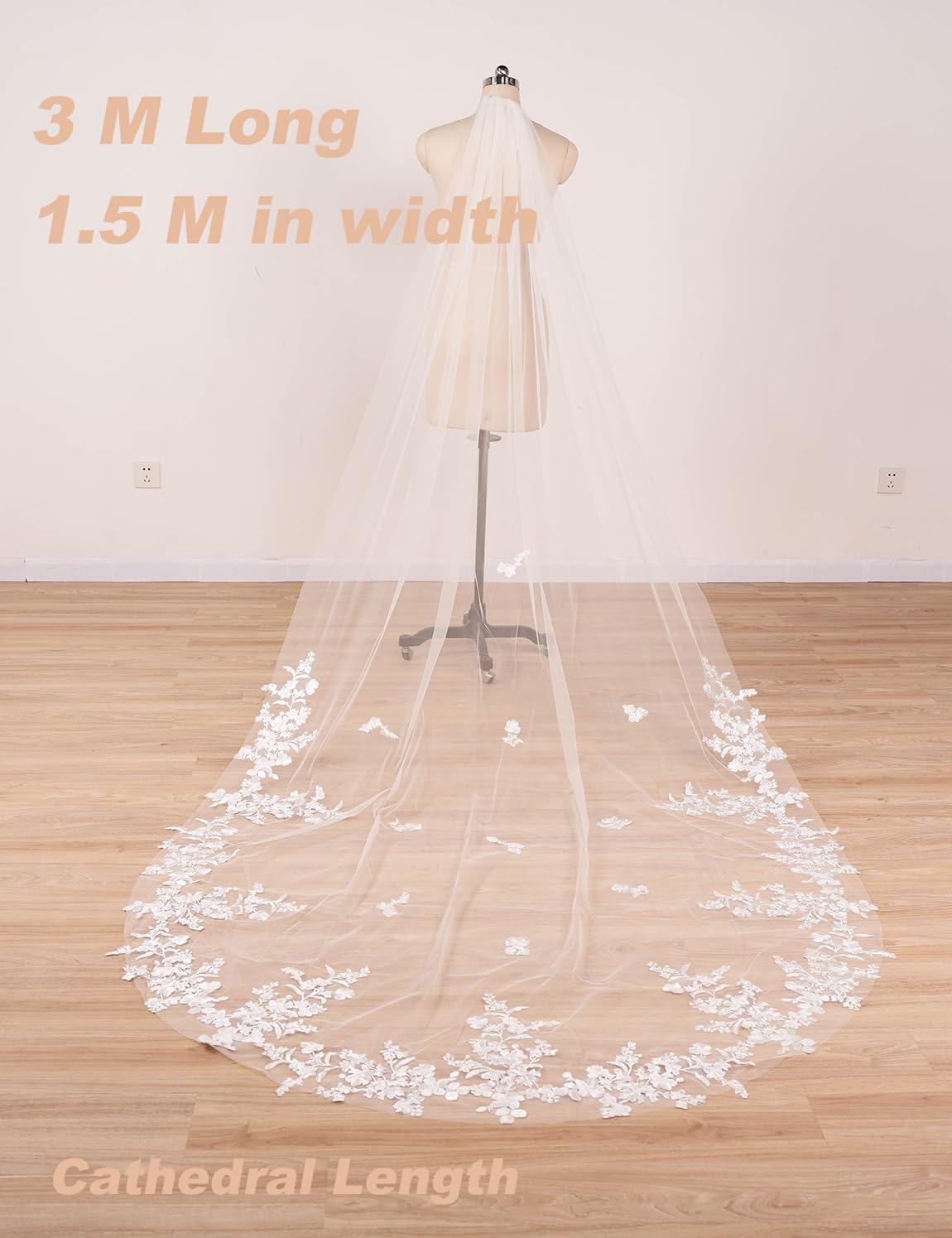 ELAWBTY 1 Tier Floral Lace Wedding Bridal Veil For Bride 3M Ivory Cathedral Length