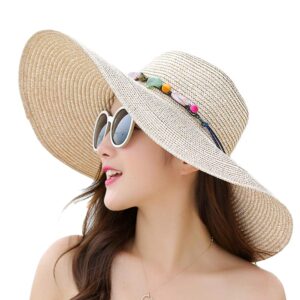 women's wide brim sun protection straw hat,folable floppy hat,summer uv protection beach cap (chain-beige)