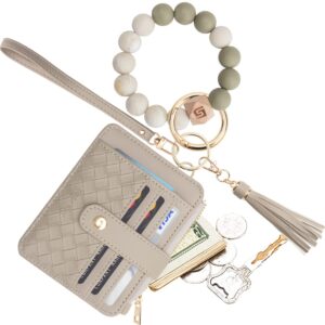 COOLANS Wristlet Bracelet Keychain Pocket Credit Card Holder Purse Tassel Keychain Bangle Key Ring for Women (Silicone Bead Bracelet+Card Purse (Grey))