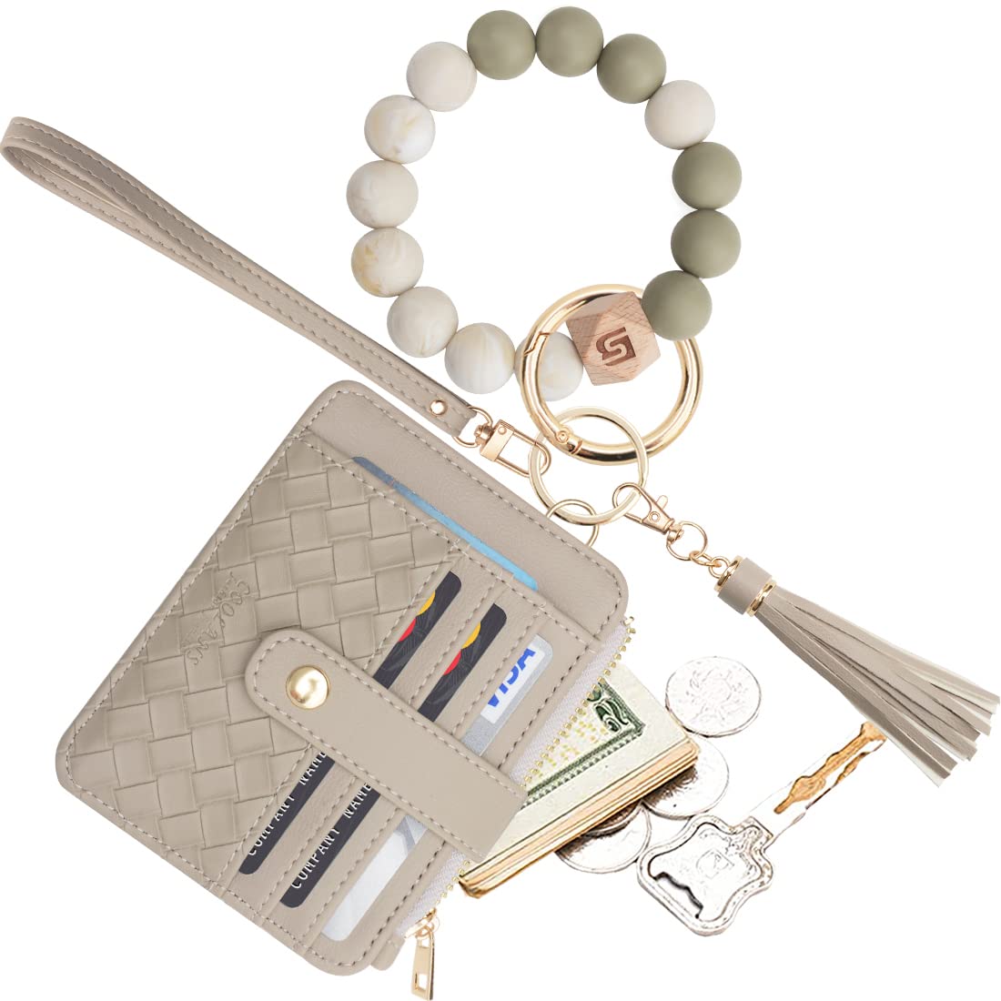 COOLANS Wristlet Bracelet Keychain Pocket Credit Card Holder Purse Tassel Keychain Bangle Key Ring for Women (Silicone Bead Bracelet+Card Purse (Grey))