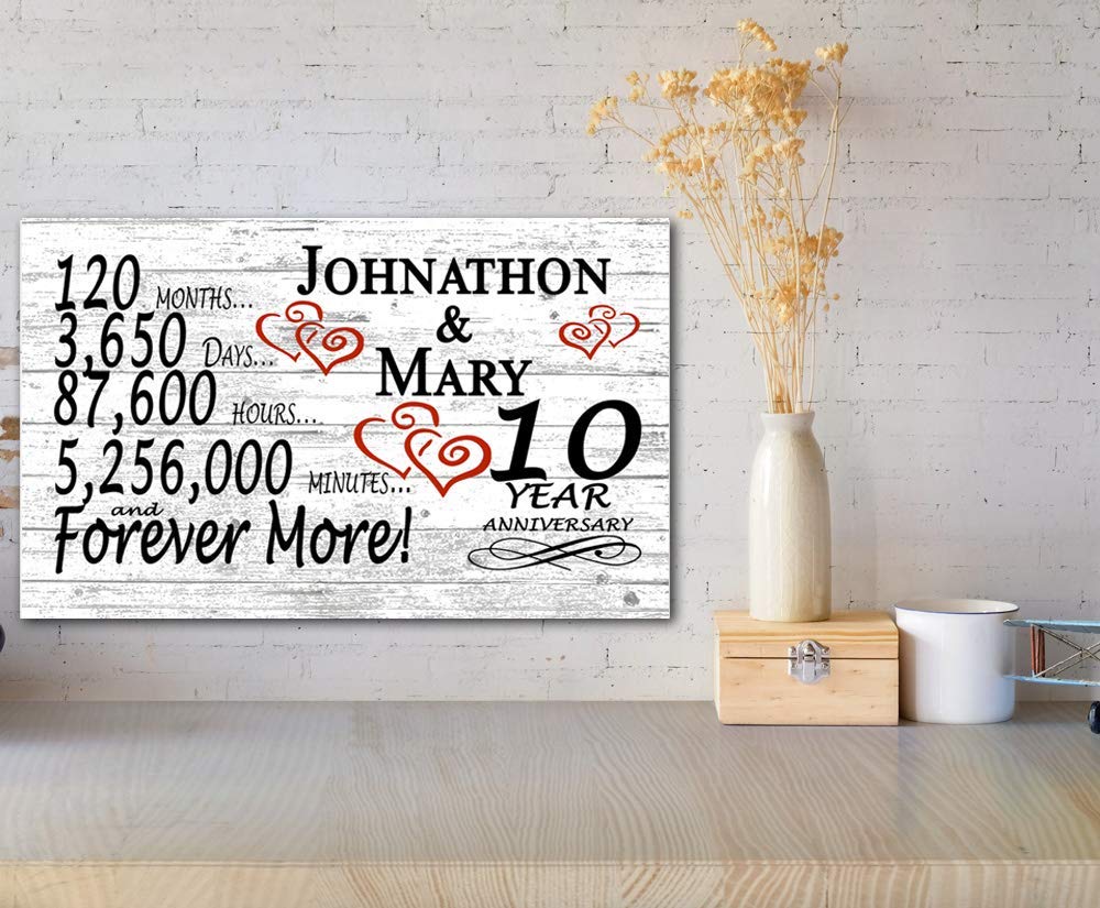 Personalized 10 Year Anniversary Sign Gift 10th Wedding Anniversary Present For Couple Days Mionutes Years - Solid Wood - 16.5in x 10.5in x .75in