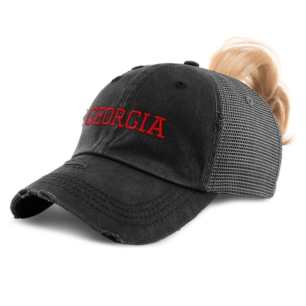 Womens Ponytail Cap Georgia State America USA D Embroidery Cotton Distressed Trucker Hats Strap Closure Black Design Only