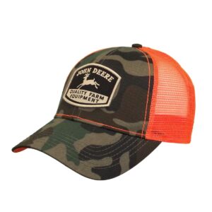 john deere men's patch blaze orange camo trucker hat, one size