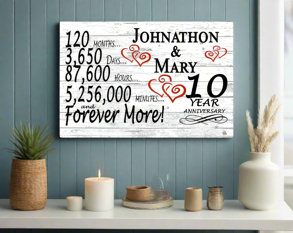 Personalized 10 Year Anniversary Sign Gift 10th Wedding Anniversary Present For Couple Days Mionutes Years - Solid Wood - 16.5in x 10.5in x .75in