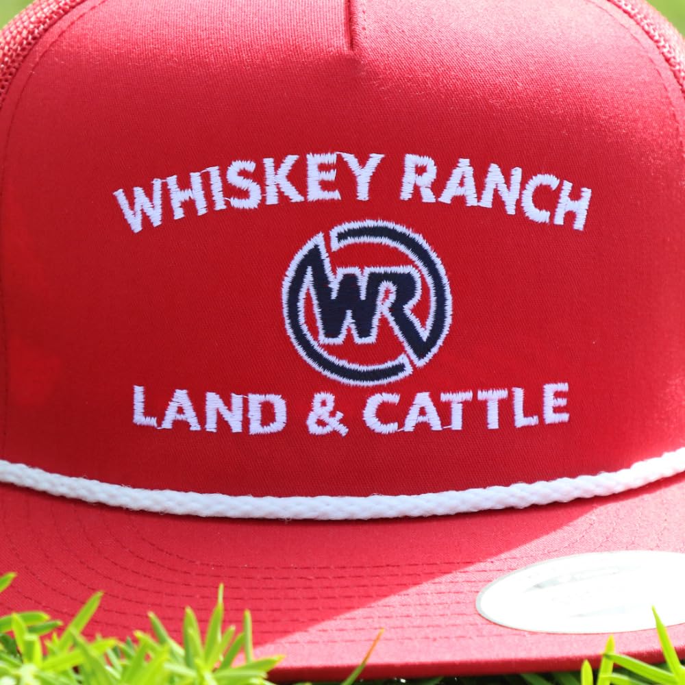 WHISKEY BENT HAT CO. Whiskey Ranch Land & Cattle, Mesh Snapback Trucker Hats w/Rope (US, Alpha, One Size, Red Embroidered)