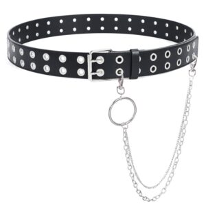 SUOSDEY Double Grommet Leather Belt with Detachable Chain for Women Men,Punk Black Belt with Double Studded Holes for Jeans