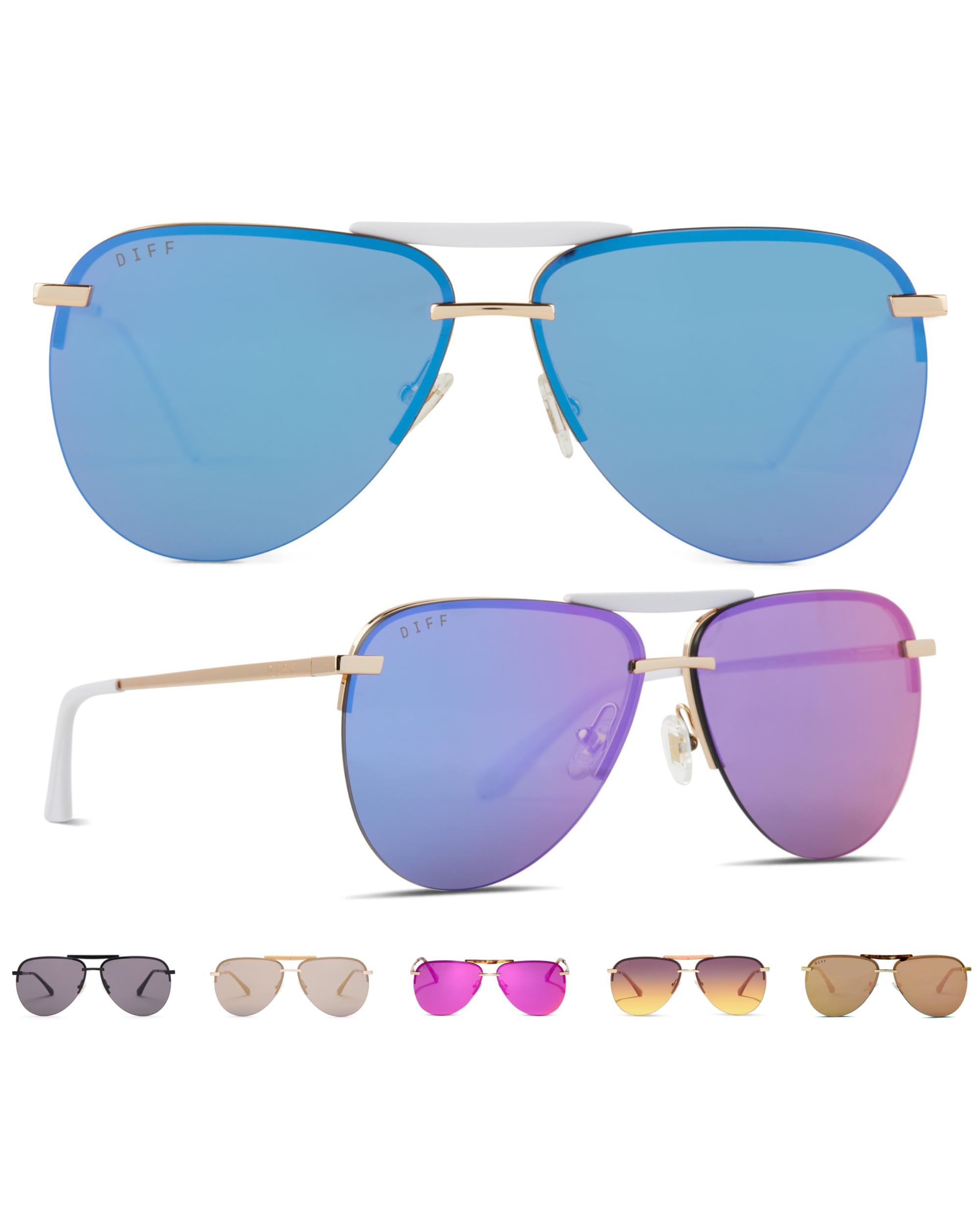 DIFF Tahoe Oversized Aviator Sunglasses for Women UV400 Protection, Gold + Purple Mirror