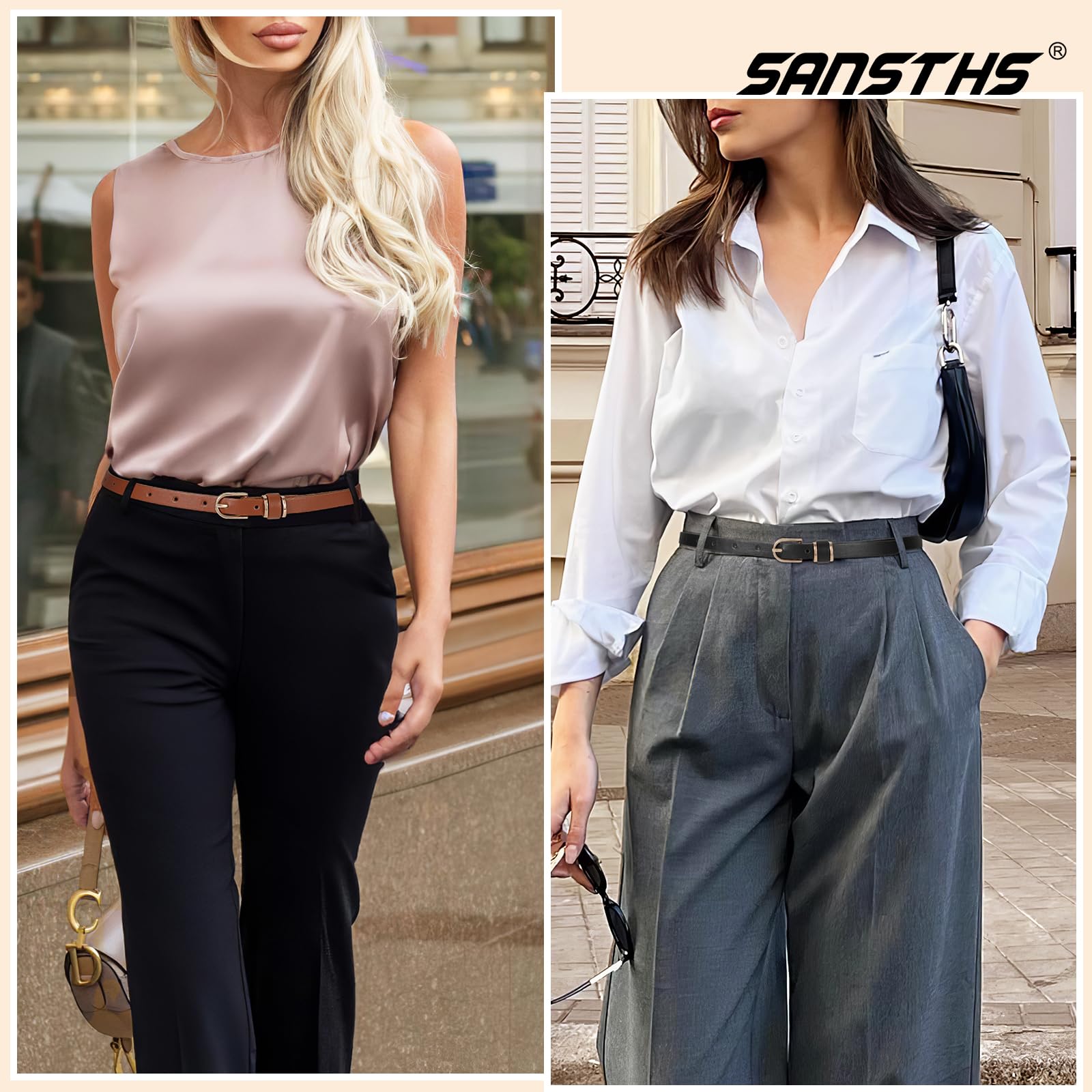 SANSTHS 4 Pack Women Thin Belts for Jeans Dresses Coats Skinny Women Belt with Gold Alloy Buckle, Black+Brown+White+Leopard M