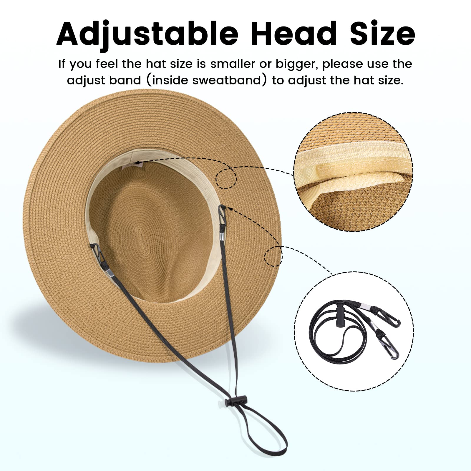 Simplicity Beach Hats for Women Fedora Hats Women Sun Hat Men Straw Hat with Chin Strap Cute Panama Sun Hat,Light Brown/Black Thread Belt