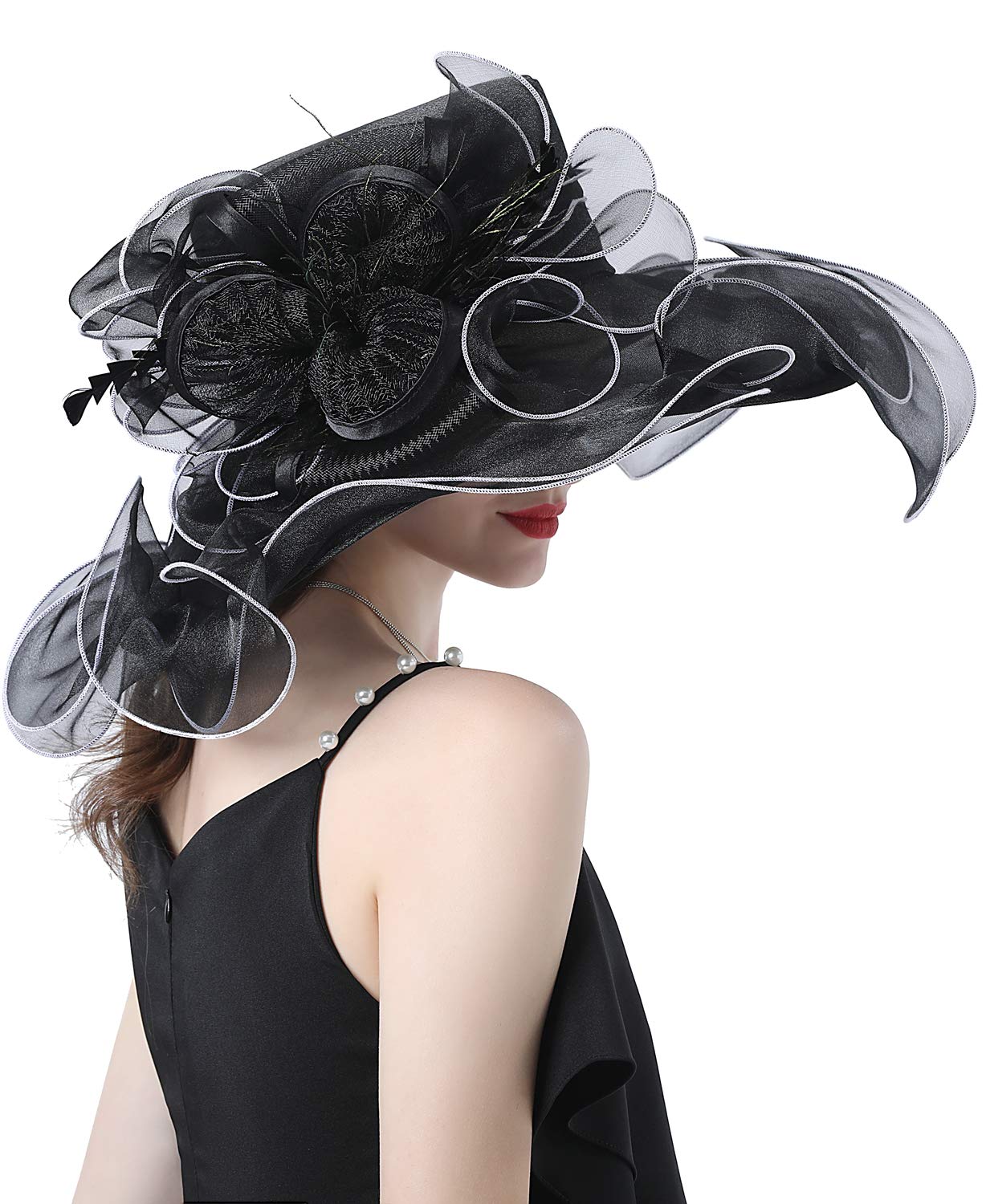 ORIDOOR Women Hats Headband Hairpin Organza Fascinator Church Hat Floral Tea Party Wedding Hat (013E Black) One Size …