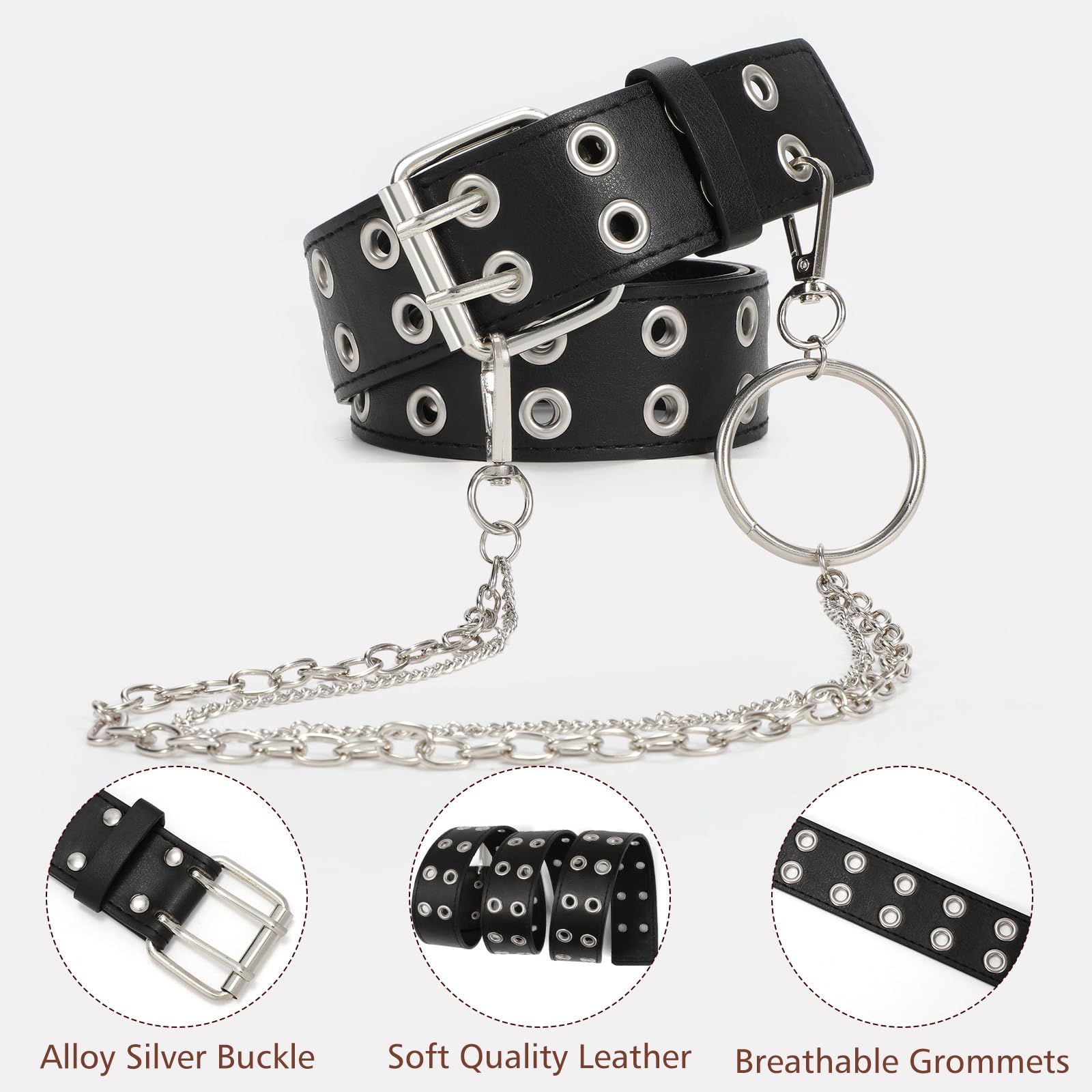 SUOSDEY Double Grommet Leather Belt with Detachable Chain for Women Men,Punk Black Belt with Double Studded Holes for Jeans