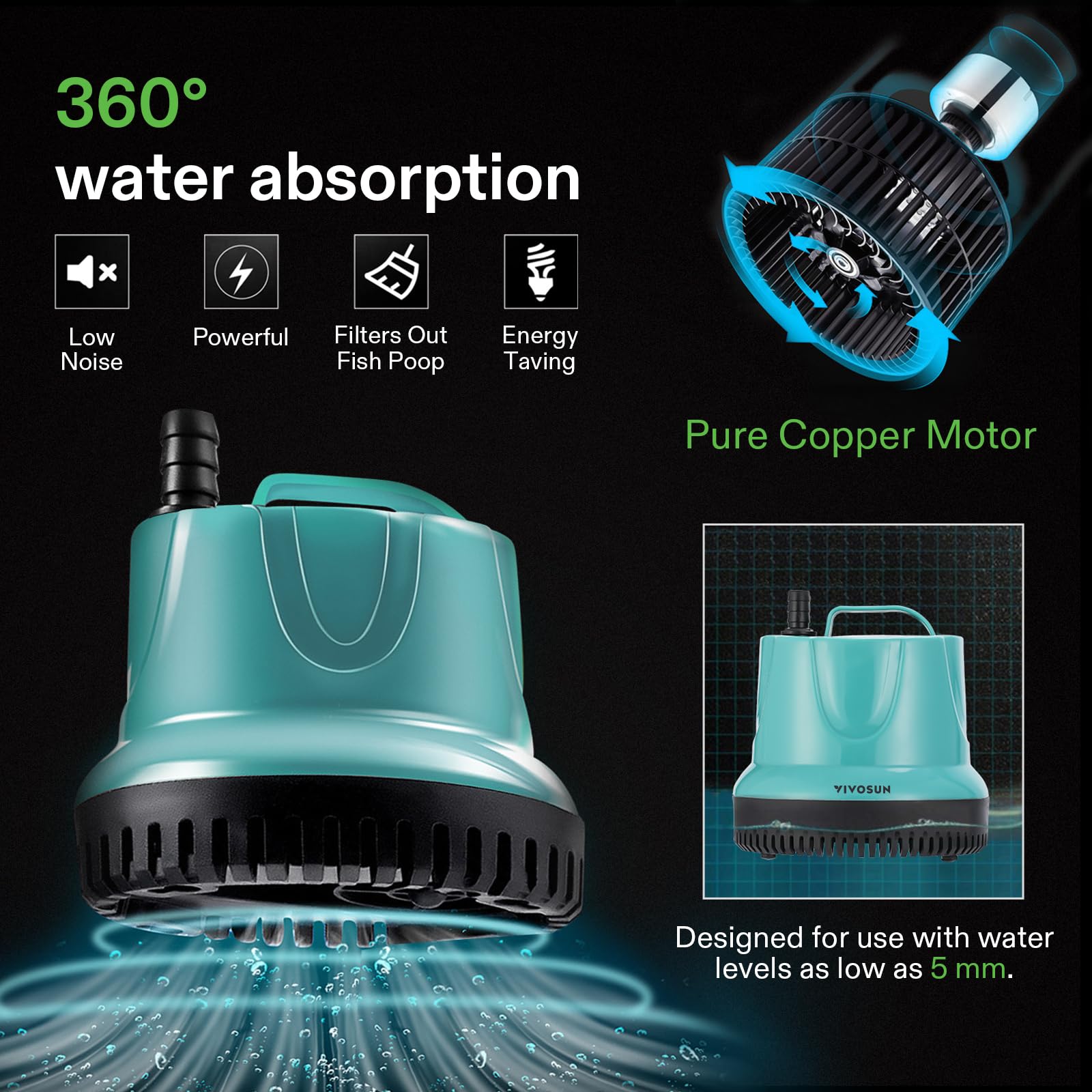 VIVOSUN 850GPH 60W Submersible Pump for Fish Tank, Pond, Aquarium, Hydroponic Systems with 5ft Power Cord and 4 Nozzles Blue