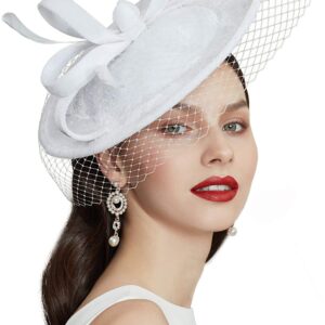 BABEYOND Tea Party Fascinator Kentucky Hat Fascinator Cocktail Pillbox Hat Derby Headband White