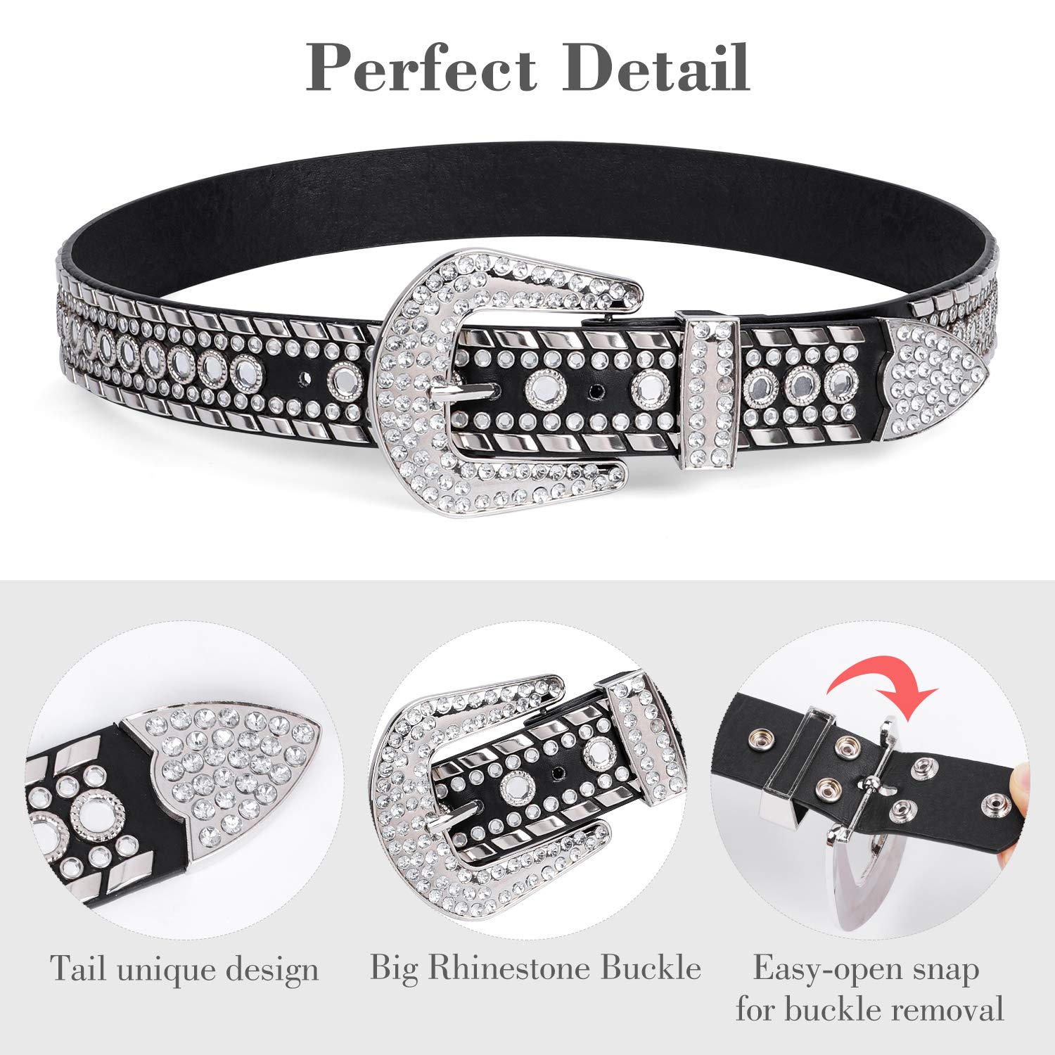 SUOSDEY Rhinestone Belt for Men Women Western Cowboy Cowgirl Bling Studded Leather Belt for Jeans Pants,Black,M