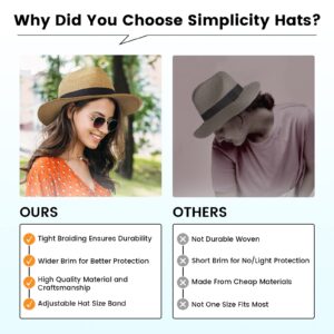 Simplicity Beach Hats for Women Fedora Hats Women Sun Hat Men Straw Hat with Chin Strap Cute Panama Sun Hat,Light Brown/Black Thread Belt