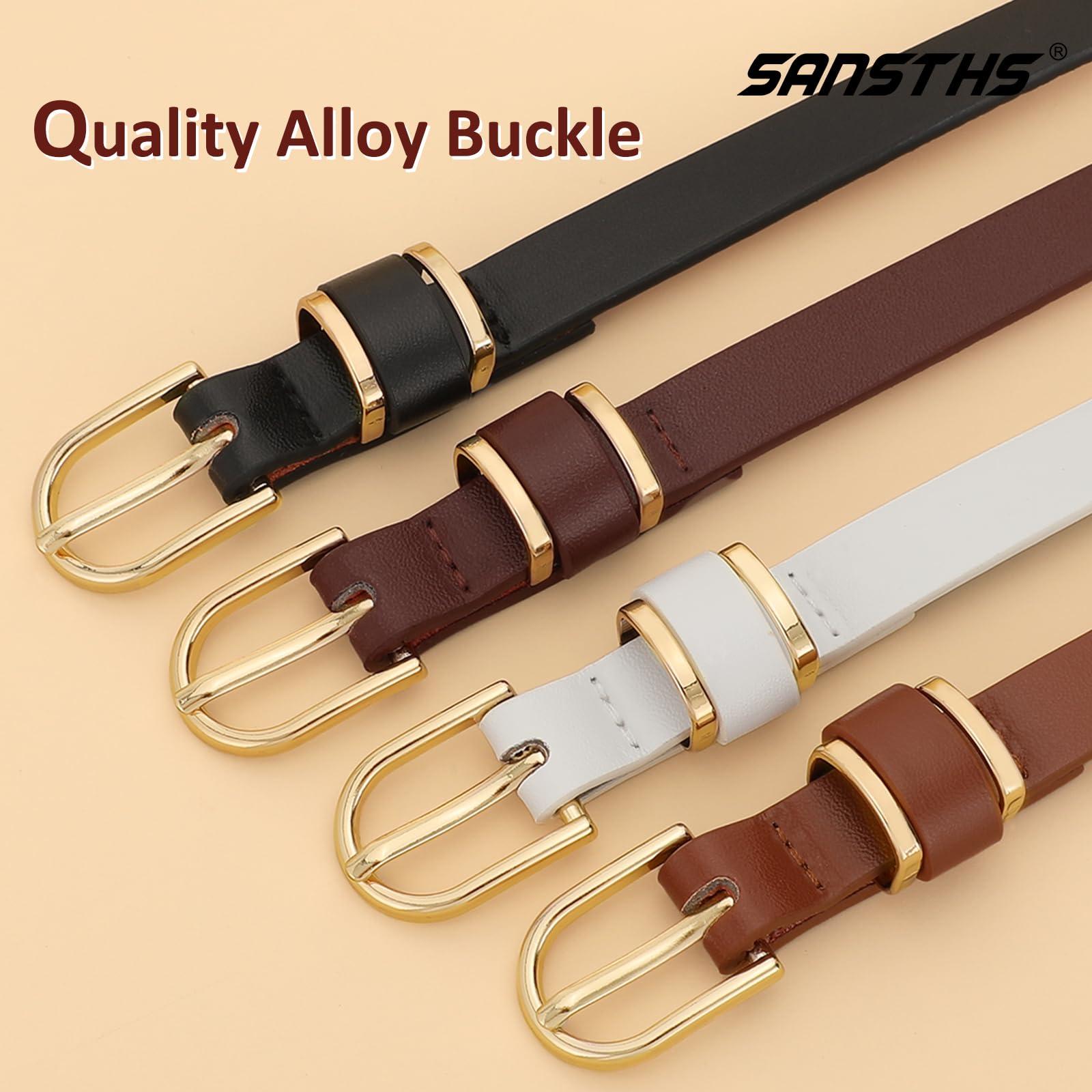 SANSTHS 4 Pack Women Thin Belts for Jeans Dresses Coats Skinny Women Belt with Gold Alloy Buckle, Black+Brown+White+Leopard M