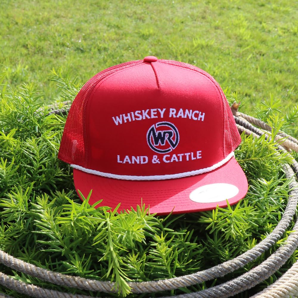 WHISKEY BENT HAT CO. Whiskey Ranch Land & Cattle, Mesh Snapback Trucker Hats w/Rope (US, Alpha, One Size, Red Embroidered)