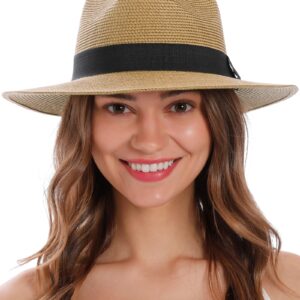 Simplicity Beach Hats for Women Fedora Hats Women Sun Hat Men Straw Hat with Chin Strap Cute Panama Sun Hat,Light Brown/Black Thread Belt