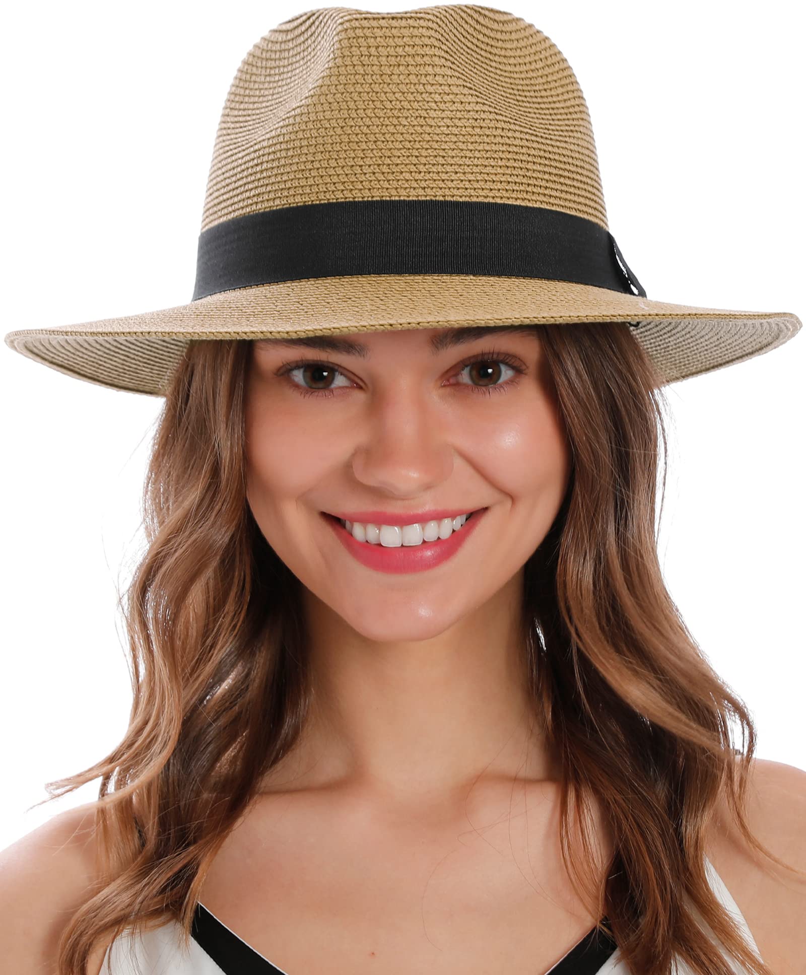 Simplicity Beach Hats for Women Fedora Hats Women Sun Hat Men Straw Hat with Chin Strap Cute Panama Sun Hat,Light Brown/Black Thread Belt