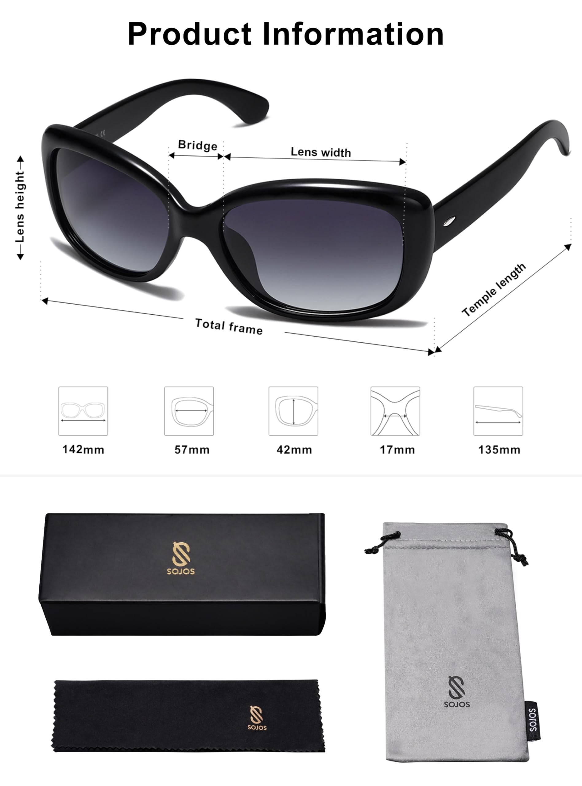 SOJOS Vintage Square Sunglasses for Women Polarized UV Protection Havana Frame SJ2111 with Black Frame/Gradient Grey Lens