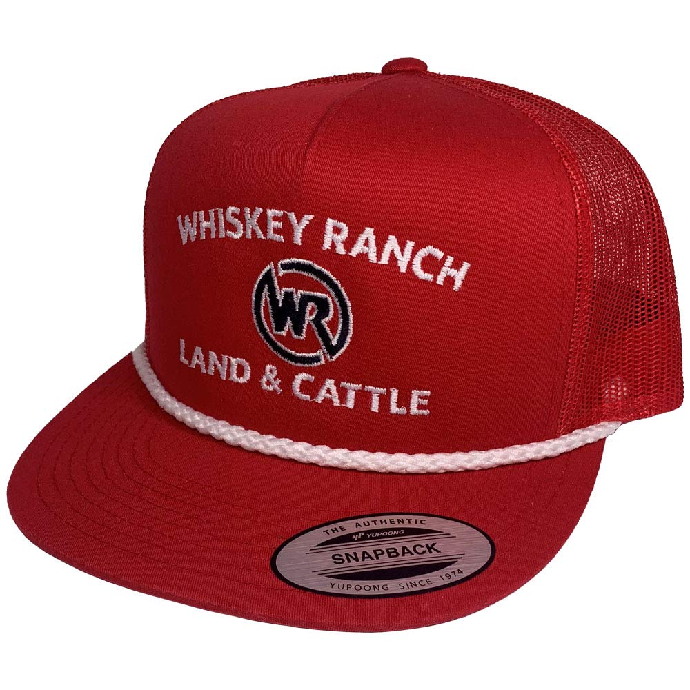 WHISKEY BENT HAT CO. Whiskey Ranch Land & Cattle, Mesh Snapback Trucker Hats w/Rope (US, Alpha, One Size, Red Embroidered)