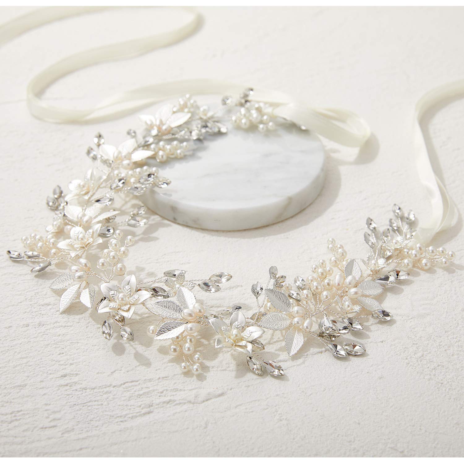 SWEETV Handmade Rhinestone Wedding Headband Flower-Leaf Bridal Headpieces for Wedding Pearl Hair Accessories (Silver)